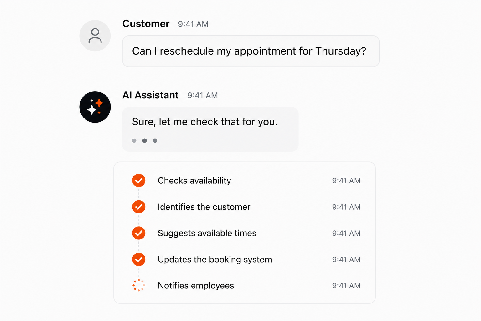 An AI assistant checking availability and rescheduling a customer appointment automatically